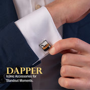 Scotch Ness Monster cuff links being adjusted on a man's white shirt and suit.