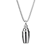 A necklace with a small silver cocktail shaker pendant attached to a chain.