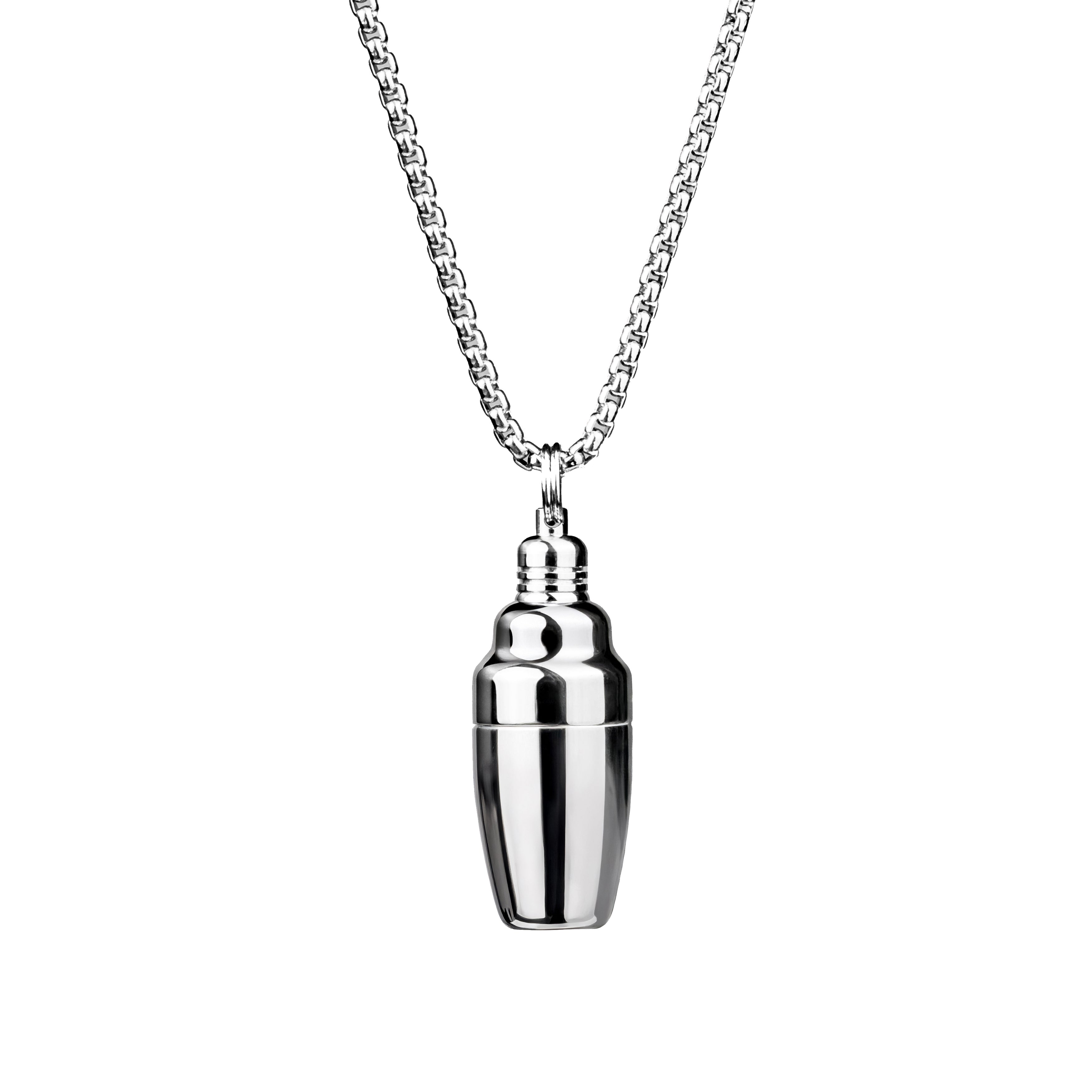 A necklace with a small silver cocktail shaker pendant attached to a chain.