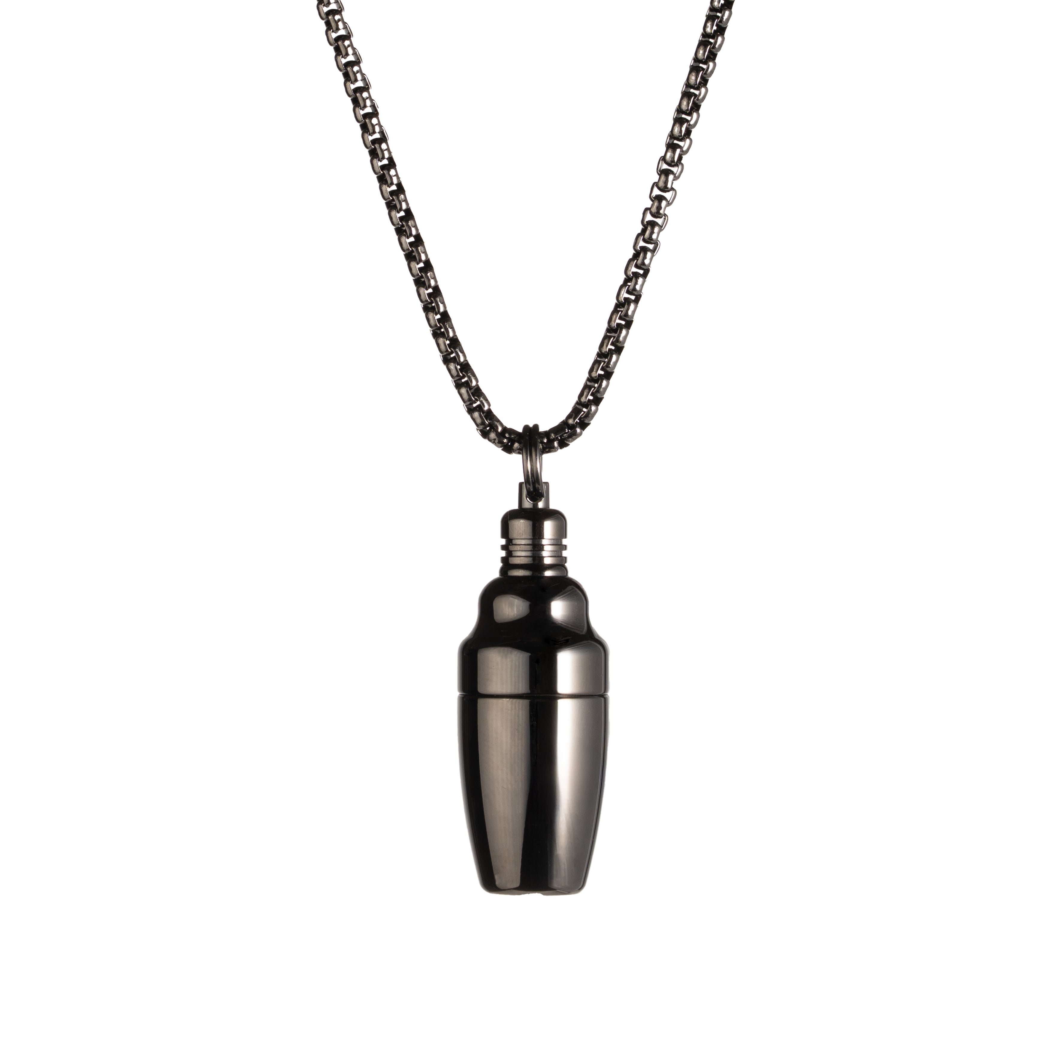 Black cocktail shaker pendant necklace with black box chain.