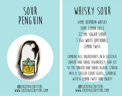 Penguin & Whisky Sour Cocktail Hard Enamel Pin by Cocktail Critters