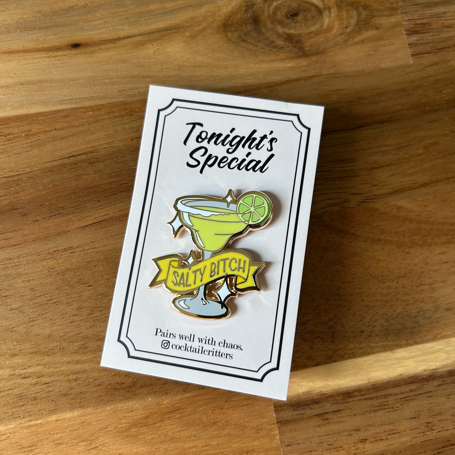 Margarita Cocktail Pin with Salty Bitch on Flag in Yellow