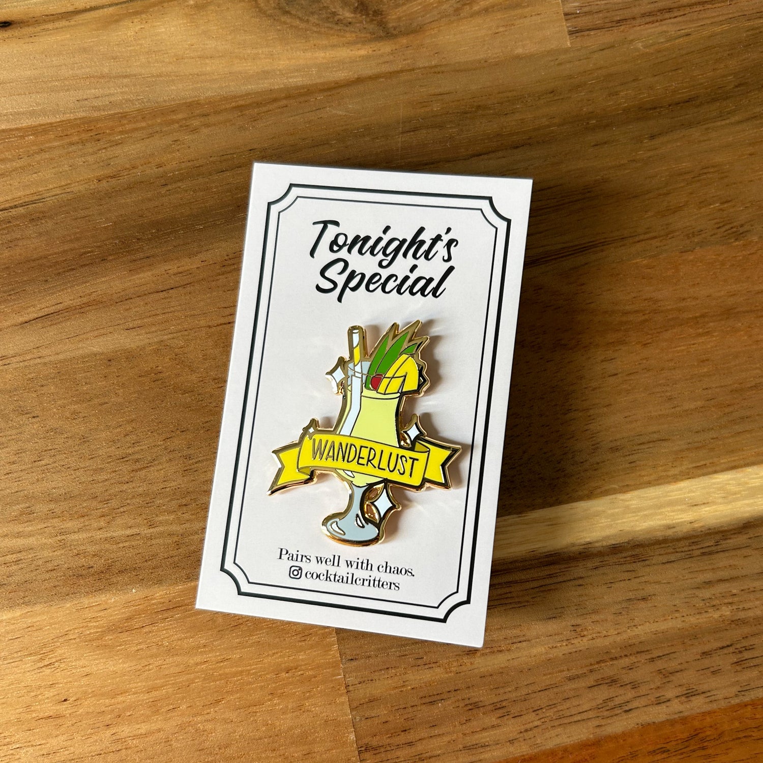 Pina Colada Cocktail Pin with Wanderlust on Banner in Yellow