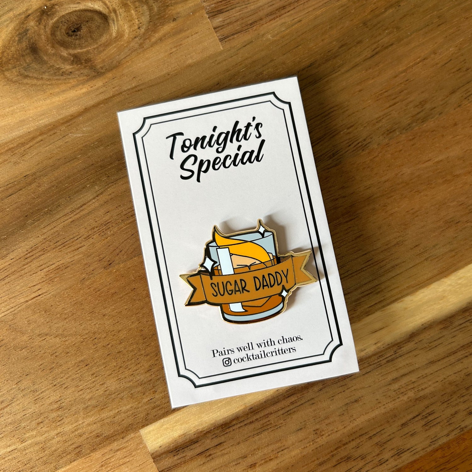 Old Fashioned Cocktail Pin with Sugar Daddy on Flag in Brown