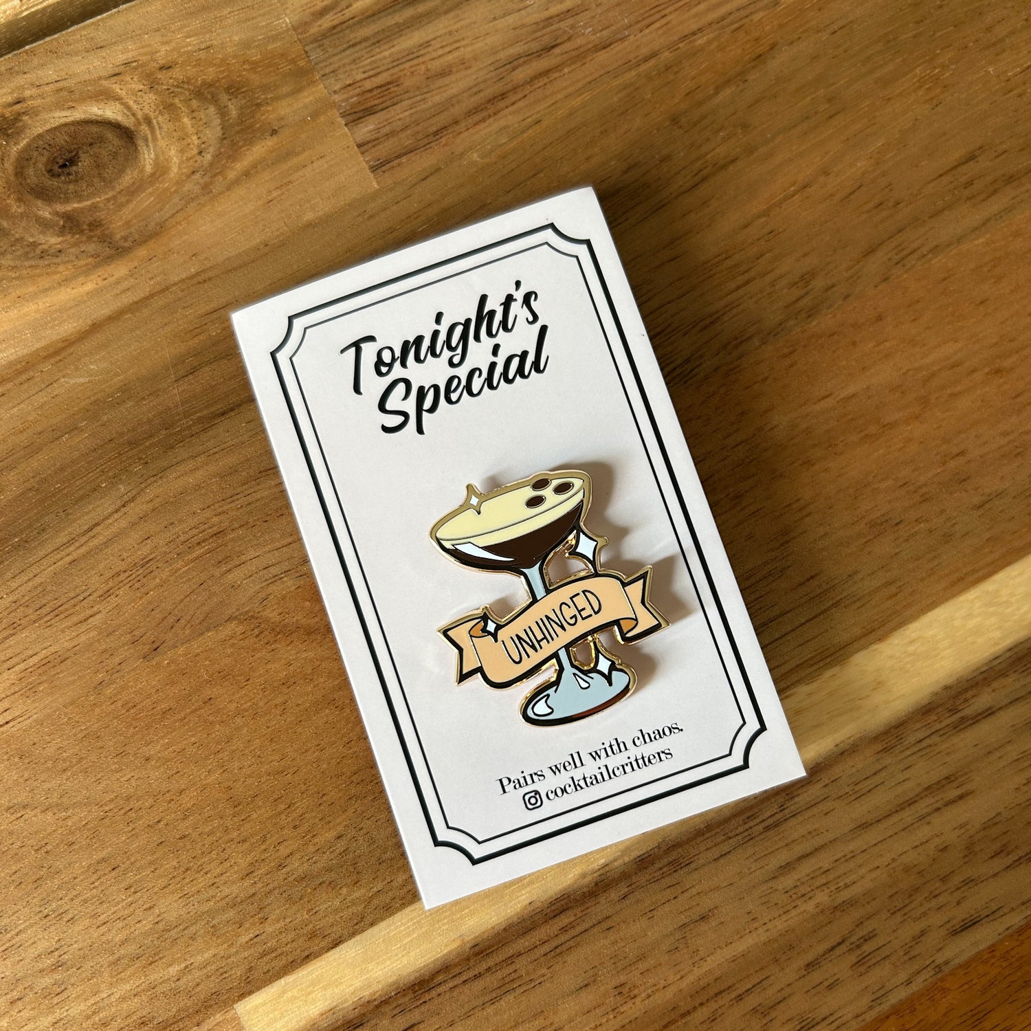 Espresso Martini Cocktail Pin with Unhinged on Flag in Beige
