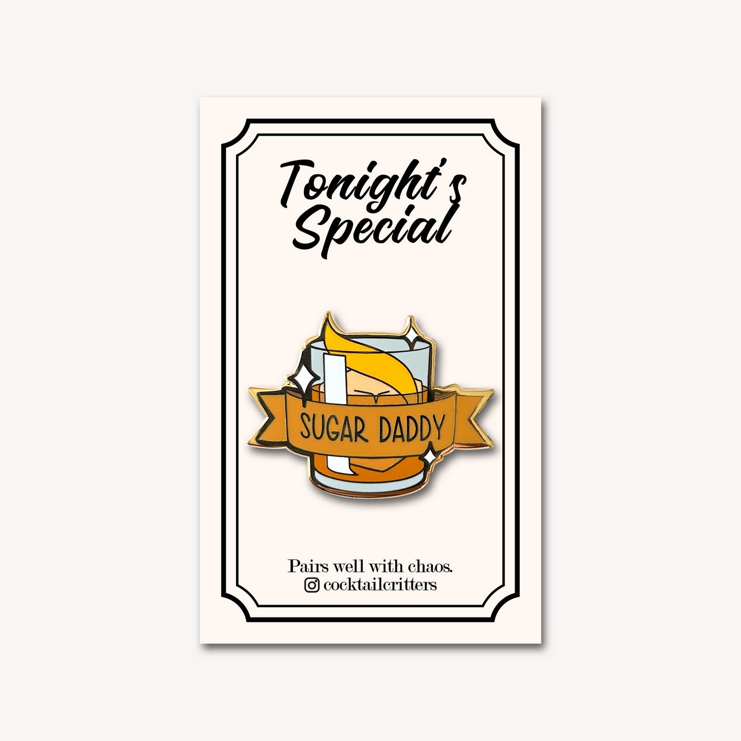 Old Fashioned Cocktail Pin with Sugar Daddy on Flag in Brown