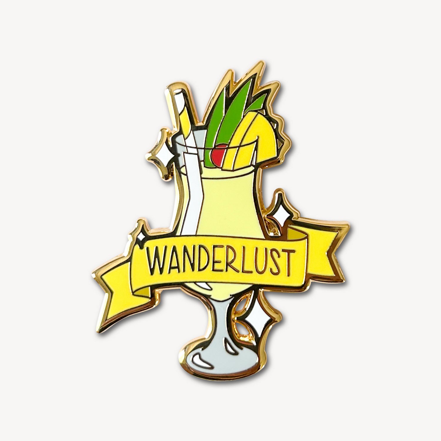 Pina Colada Cocktail Pin with Wanderlust on Banner in Yellow