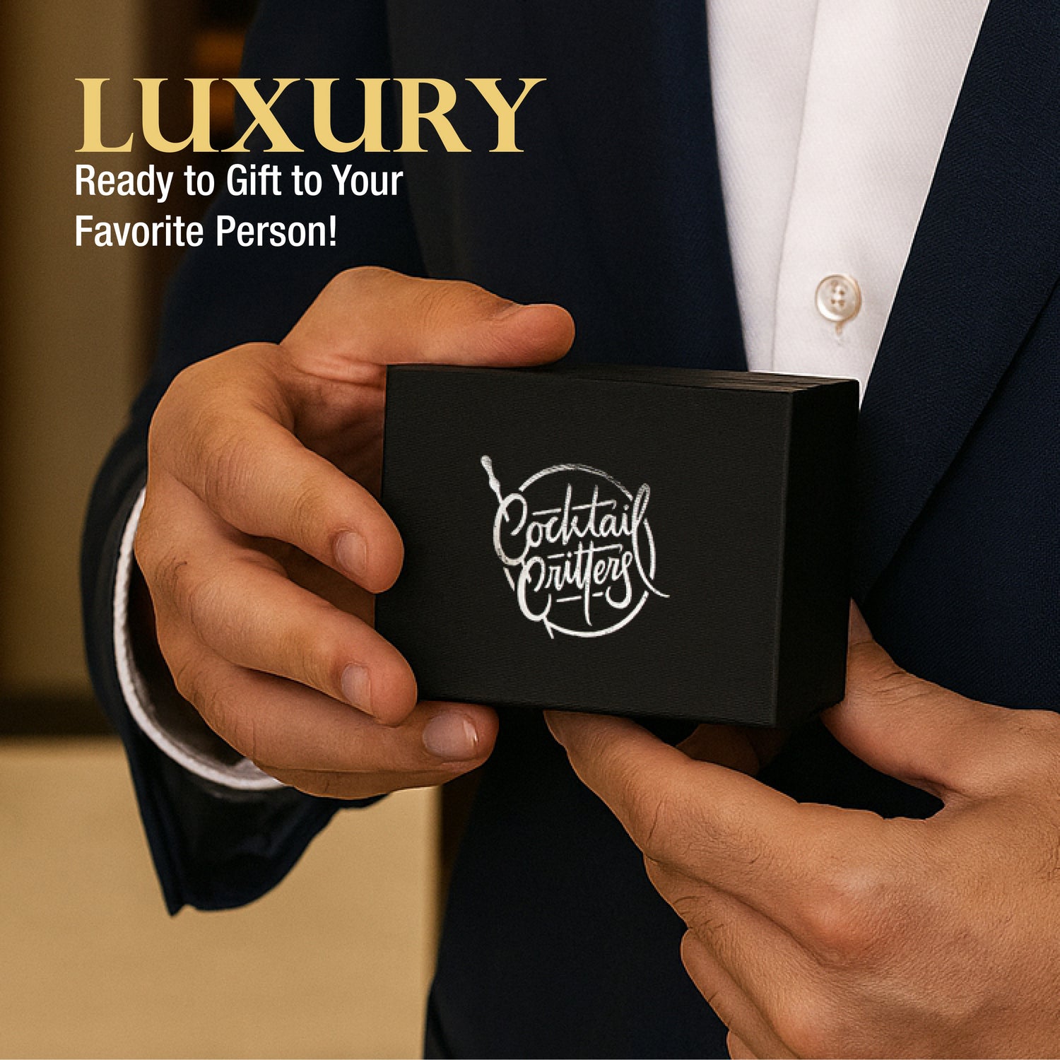 Person holding a black gift box with 'Cocktail Cutters' branding, text 'Luxury Ready to Gift to Your Favorite Person!' above.