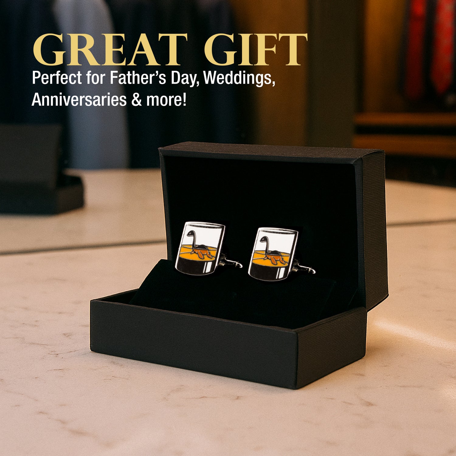 Scotch Ness Monster cuff links presented in a black gift box, perfect for father's day. 
