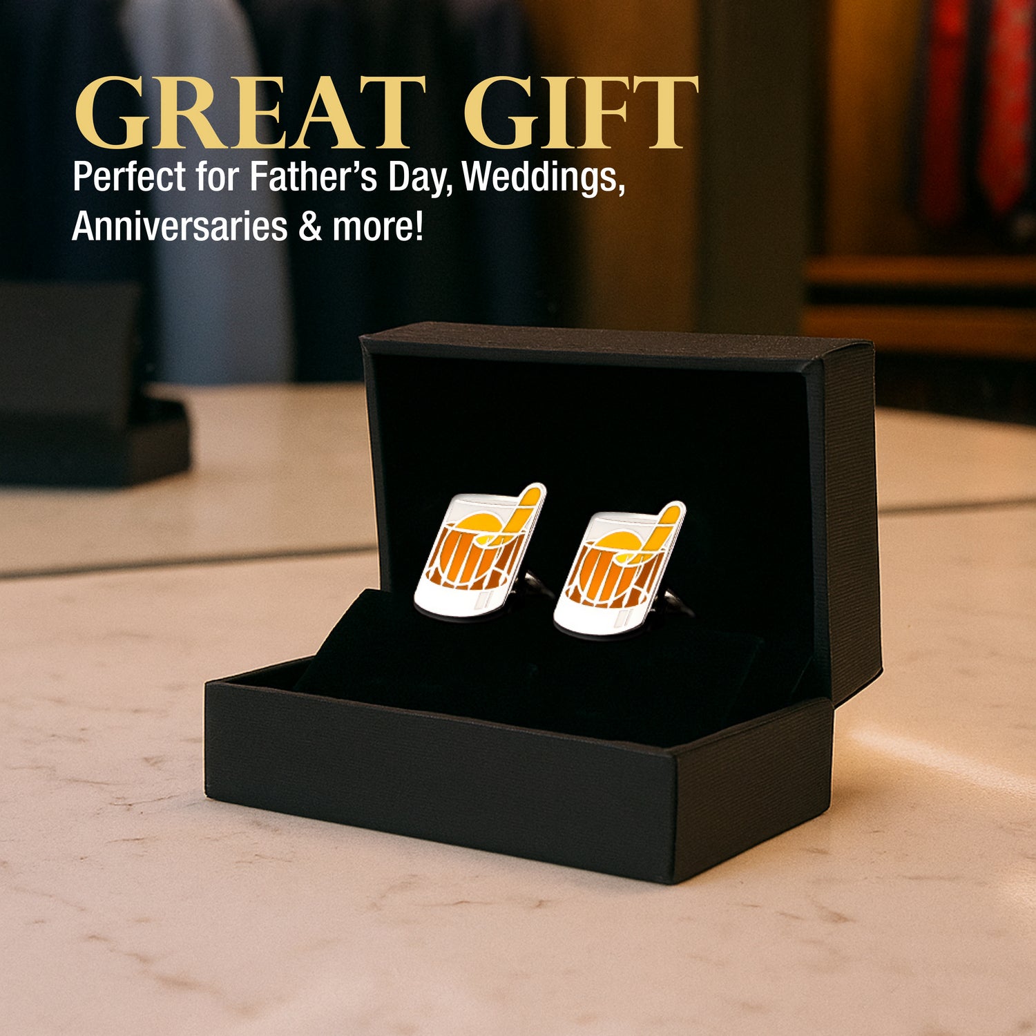 Old Fashioned cocktail cuff links presented in a black gift box, perfect for father's day. 