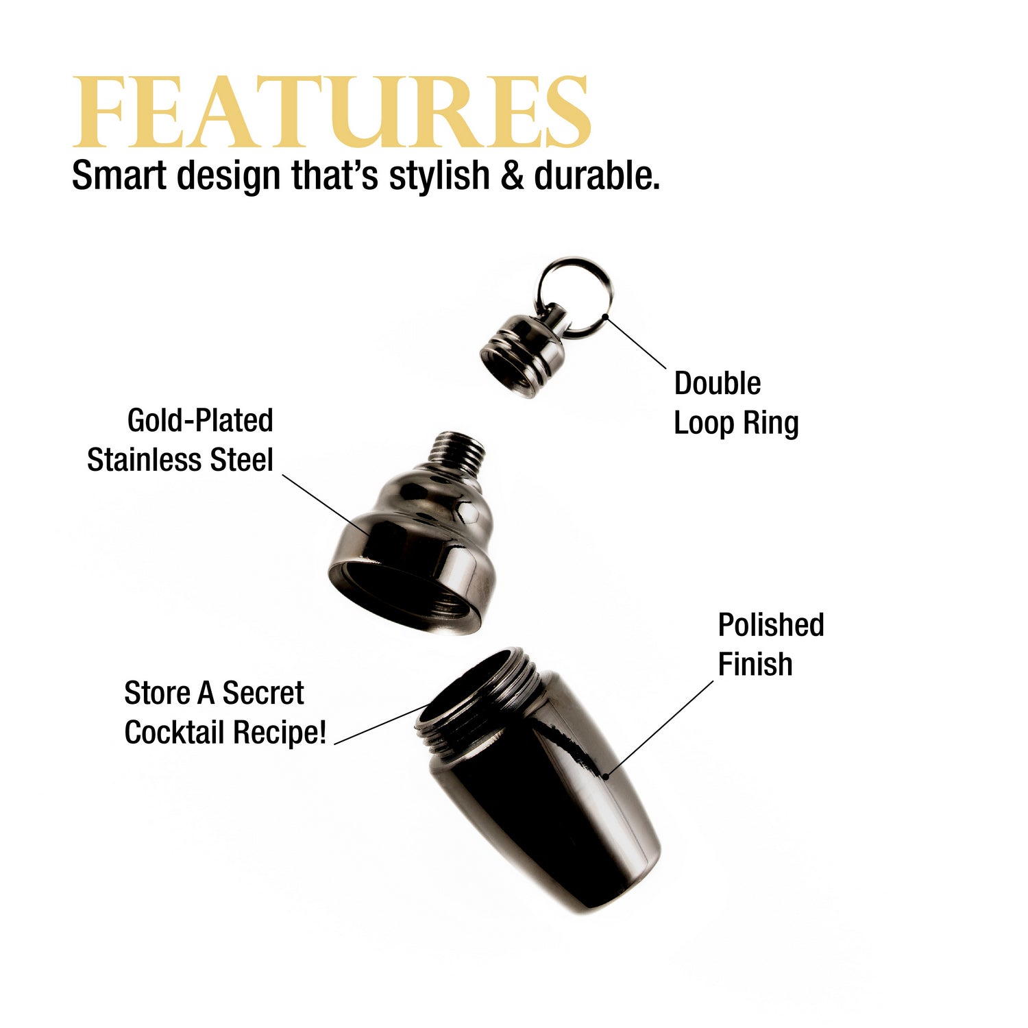Black cocktail shaker pendant with features highlighted on a white background