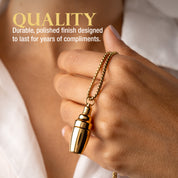 Hand holding the gold cocktail shaker necklace with text about quality and durability.