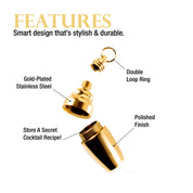 Gold cocktail shaker pendant with features highlighted on a white background