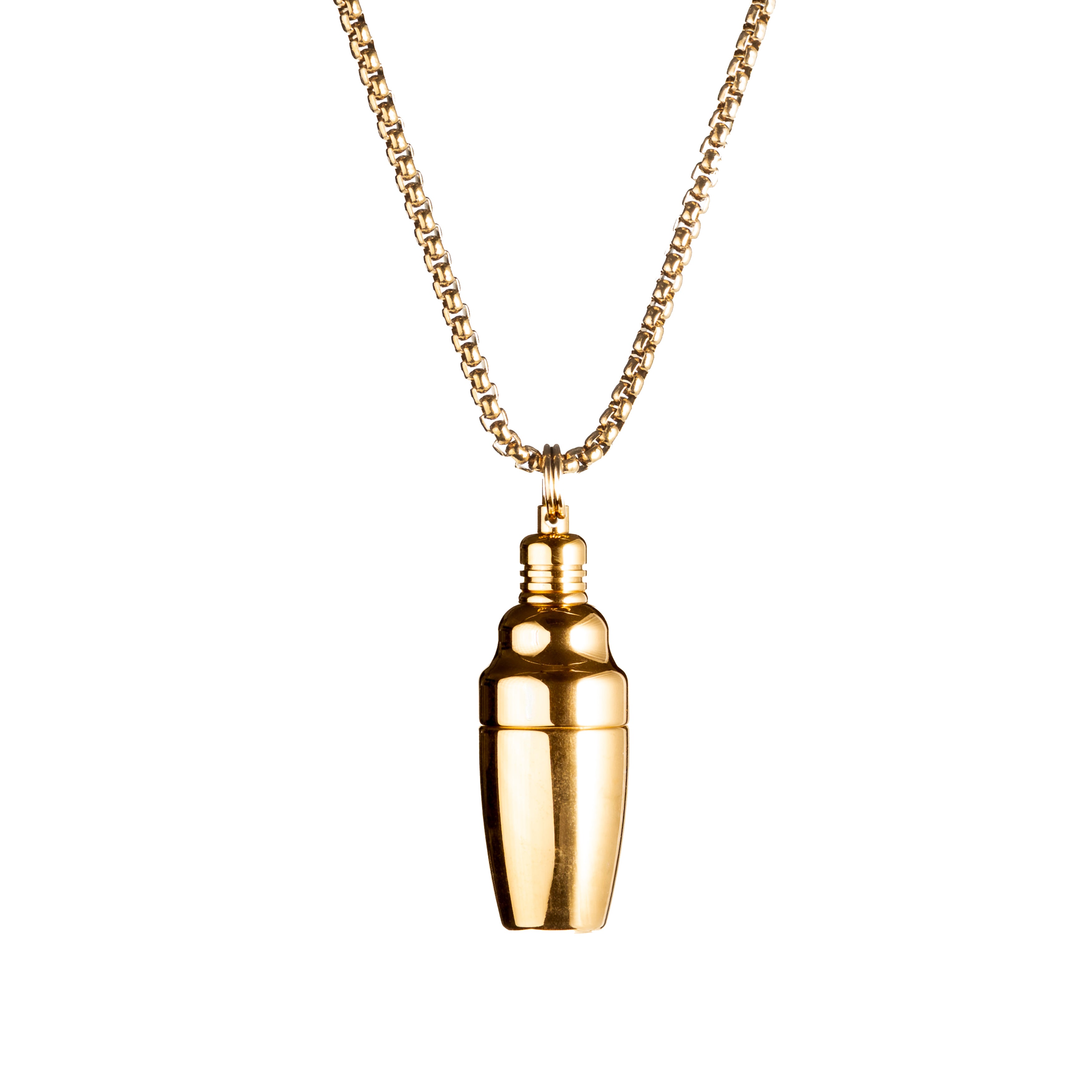 Gold necklace with the smallest cocktail shaker pendant.