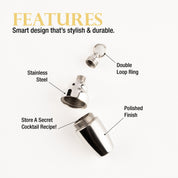 Silver cocktail shaker pendant with features highlighted on a white background