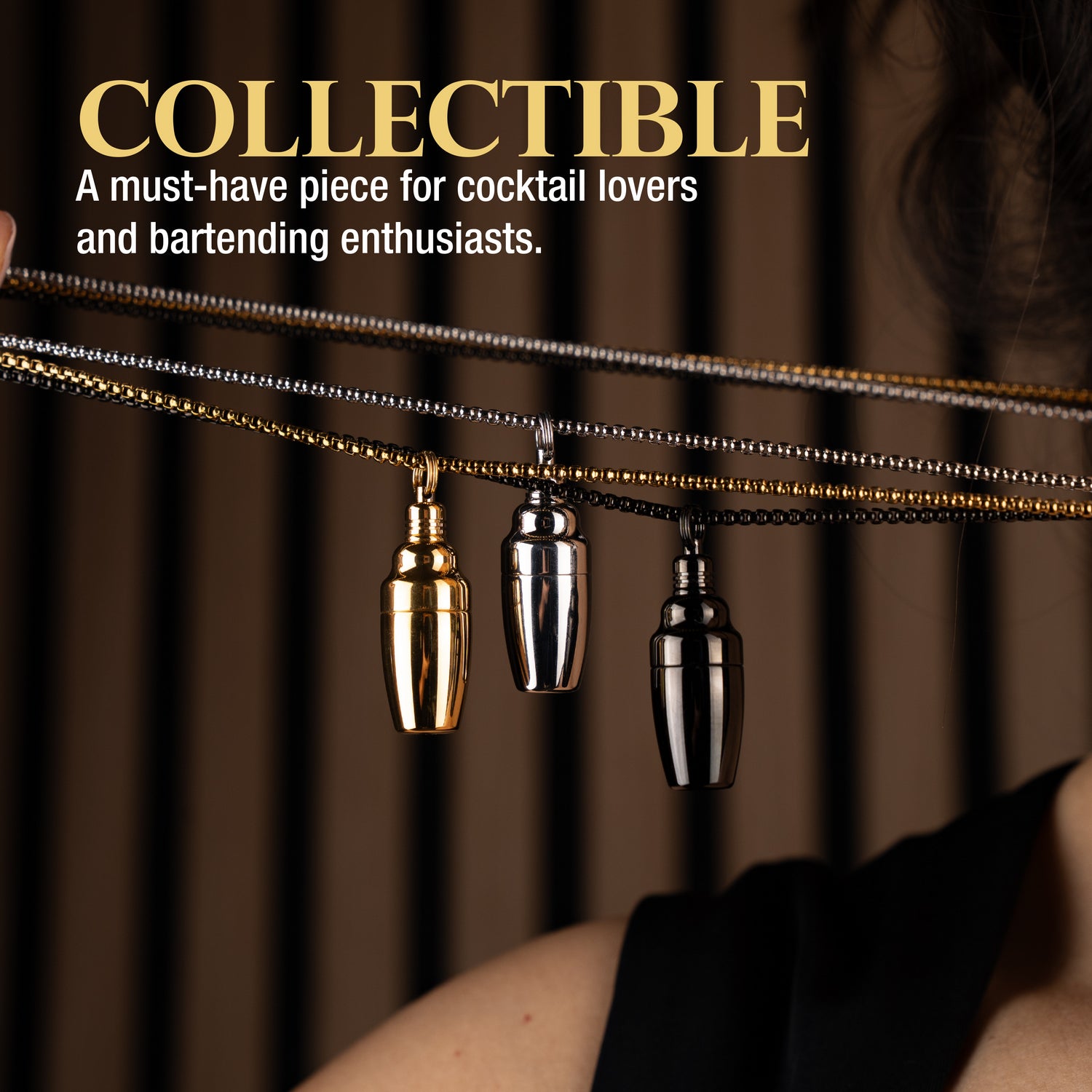 Three metallic cocktail shaker pendants in silver, gold, and black, perfect for cocktail lovers and bartenders.