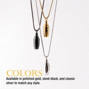 Three necklaces in gold, black, and silver on a white background with text about color options.