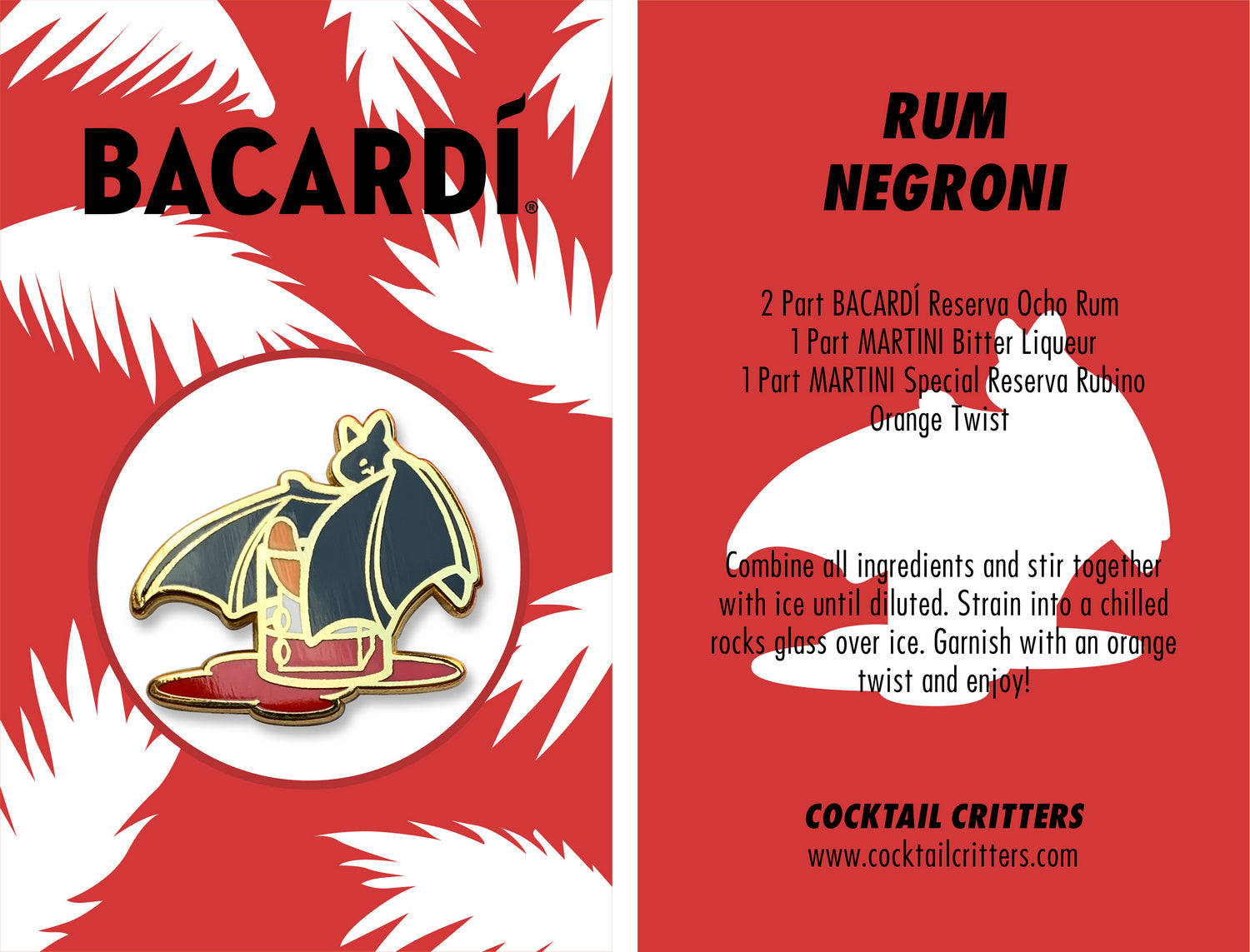 Bacardi Rum Negroni Cocktail Enamel Pin by Cocktail Critters