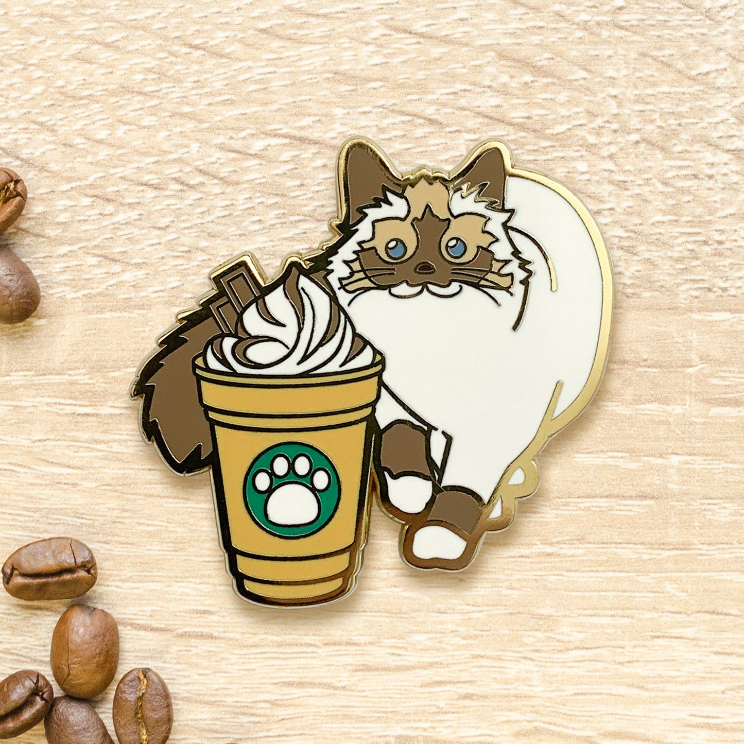 Balinese Cat & Mocha Frappe Coffee Hard Enamel Pin by Cocktail Critters