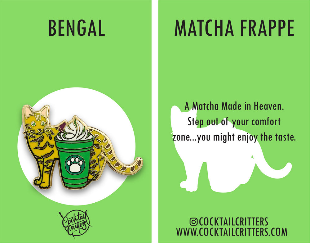 Bengal Cat & Matcha Frappe Coffee Hard Enamel Pin by Cocktail Critters