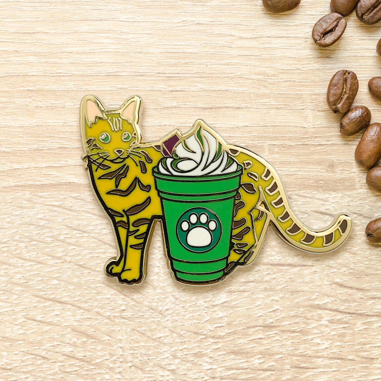 Bengal Cat & Matcha Frappe Coffee Hard Enamel Pin by Cocktail Critters