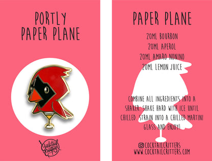 Portly Paper Plane Cocktail Enamel Pin by Cocktail Critters