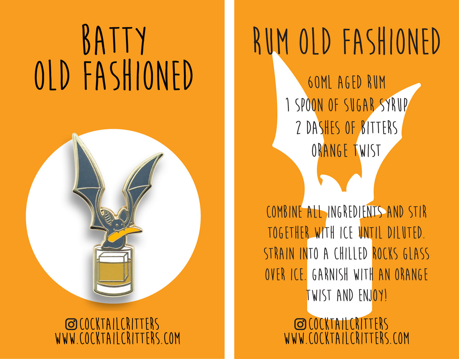 Bat and Old Fashioned Cocktail Hard Enamel Pin by Cocktail Critters