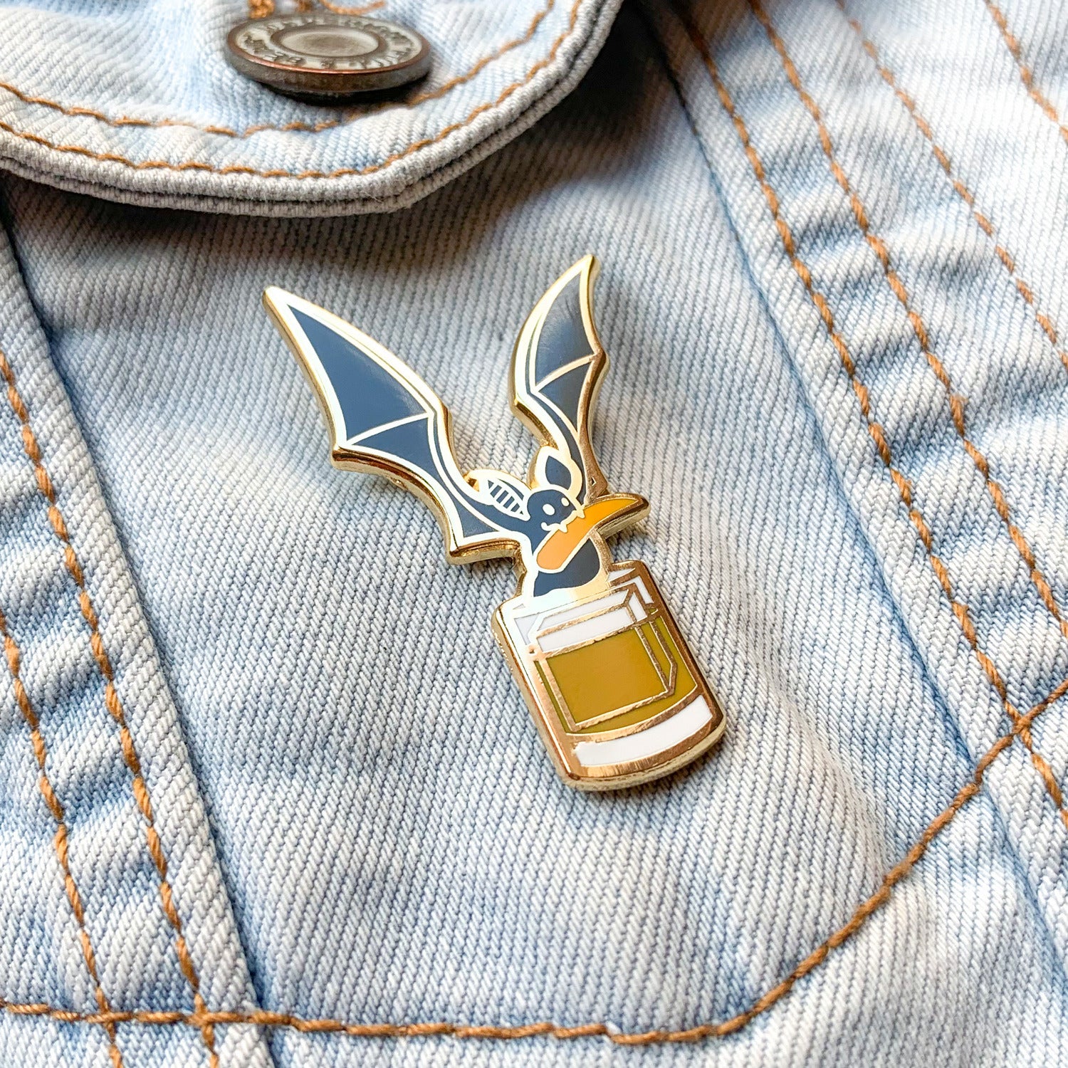 Bat and Old Fashioned Cocktail Hard Enamel Pin by Cocktail Critters on Denim