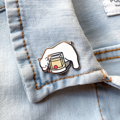 Polar Bear and White Russian Cocktail Hard Enamel Pin by Cocktail Critters on Denim