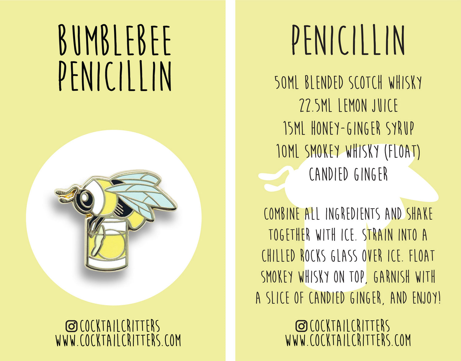 Bumblebee and Penicillin Cocktail Hard Enamel Pin by Cocktail Critters
