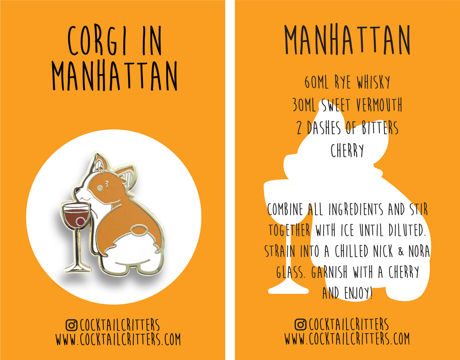 Corgi and Manhattan Cocktail Hard Enamel Pin by Cocktail Critters