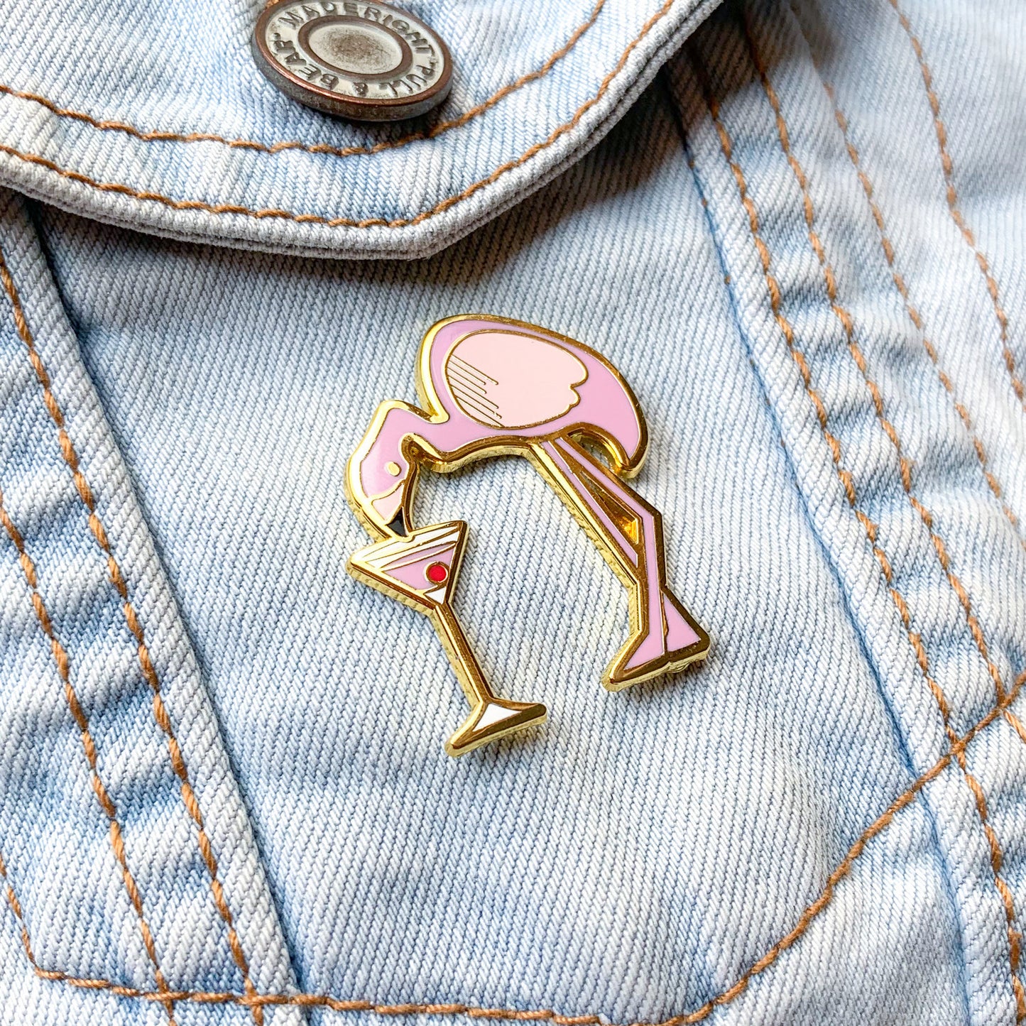 Flamingo and Cosmopolitan Cocktail Hard Enamel Pin by Cocktail Critters on Denim