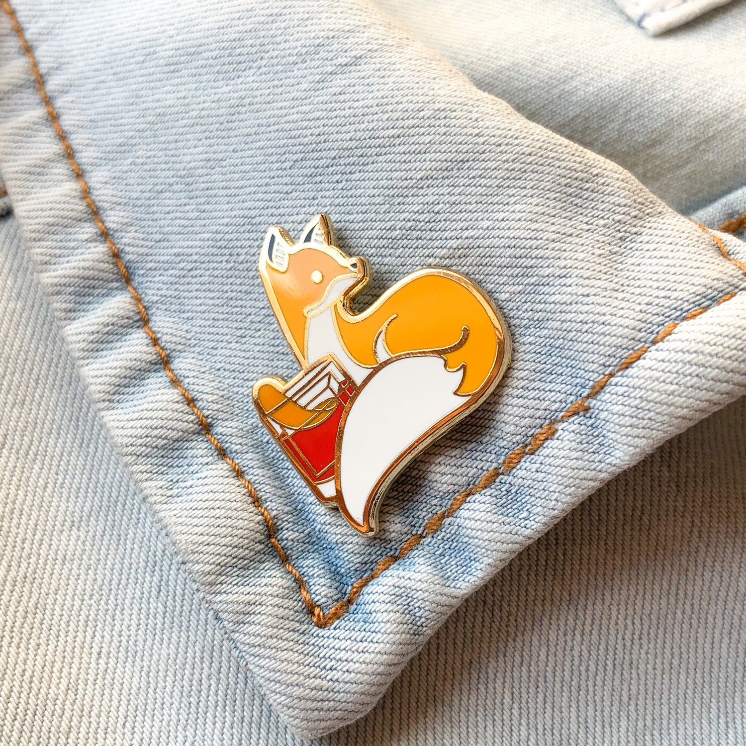 Fox and Negroni Cocktail Hard Enamel Pin by Cocktail Critters on Denim