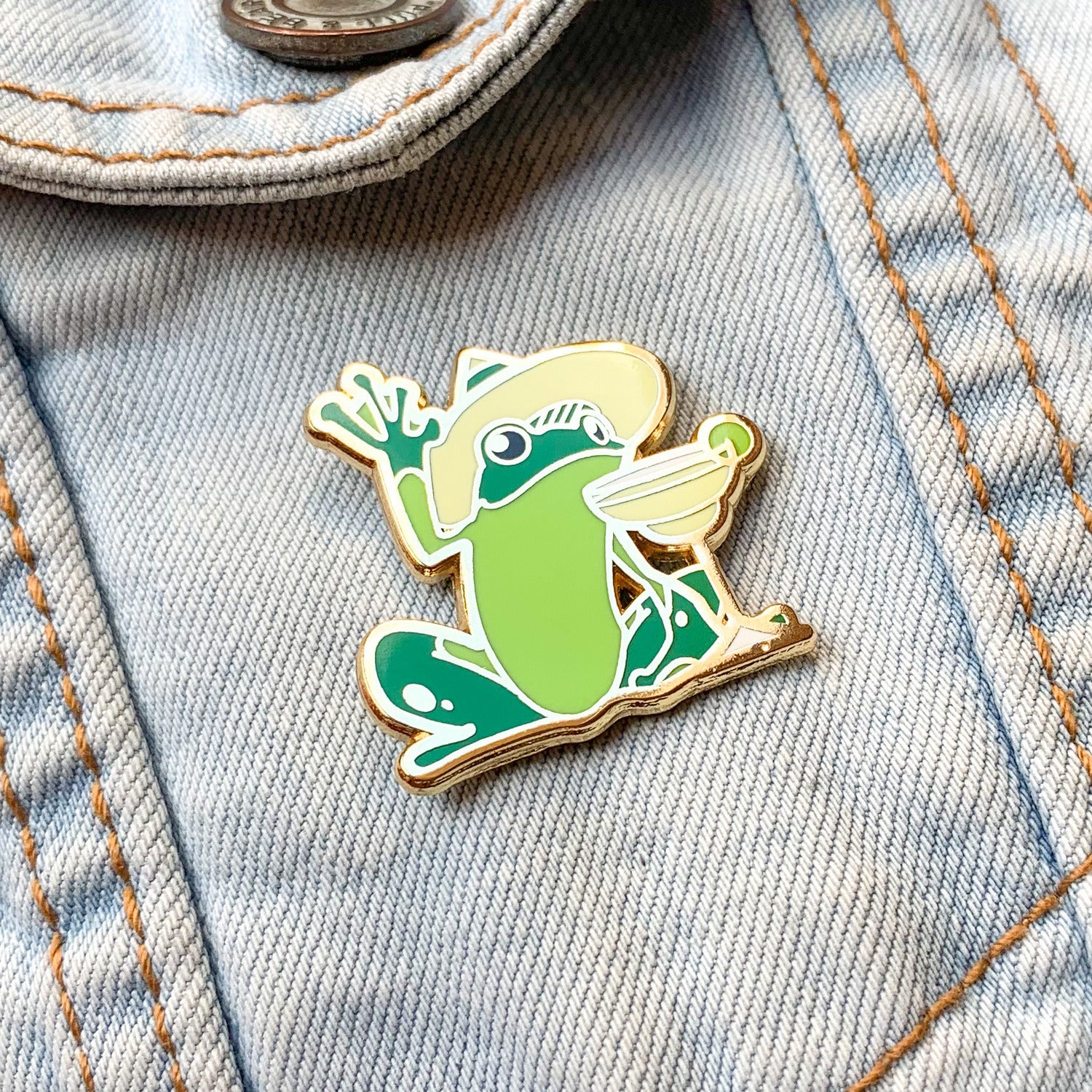 Frog and Margarita Cocktail Hard Enamel Pin by Cocktail Critters on Denim