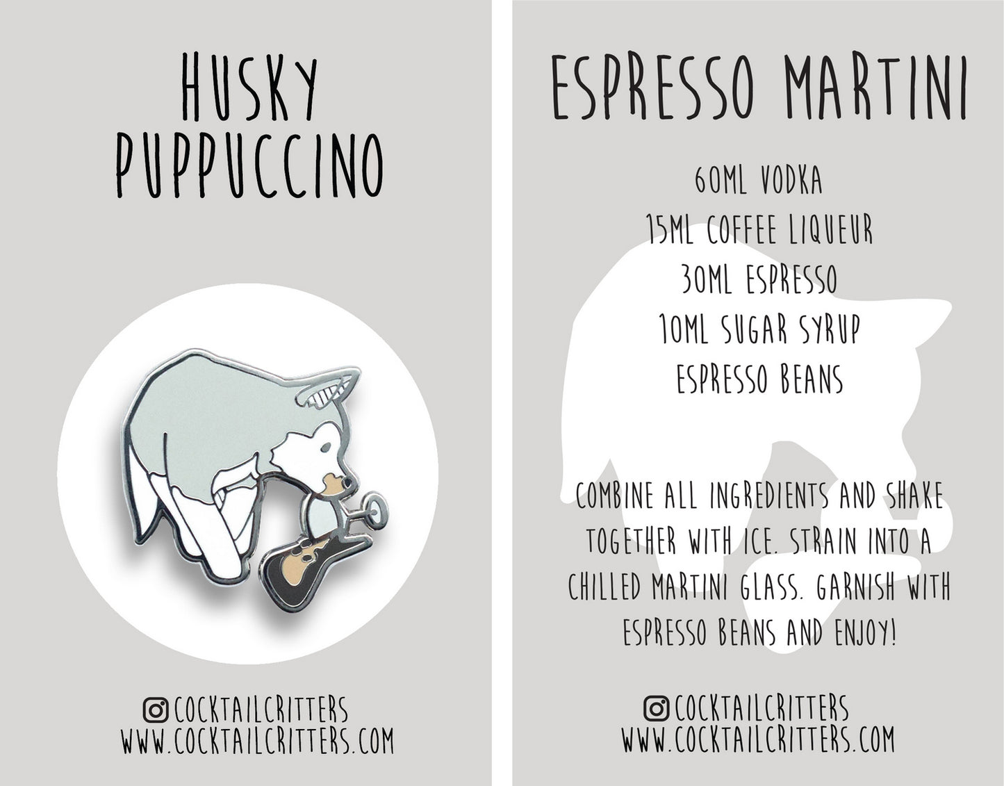 Husky and Espresso Martini Cocktail Hard Enamel Pin by Cocktail Critters