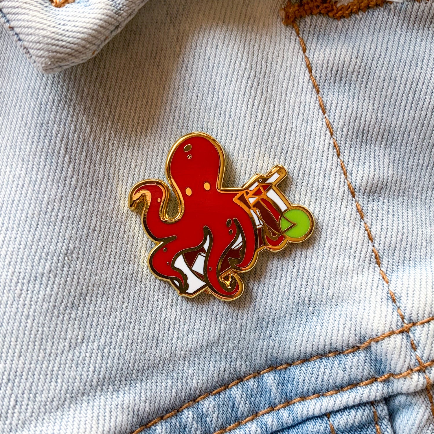 Octopus and Dark n' Stormy Cocktail Hard Enamel Pin by Cocktail Critters on Denim