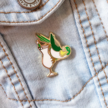 Parakeet and Pina Colada Cocktail Hard Enamel Pin by Cocktail Critters on Denim