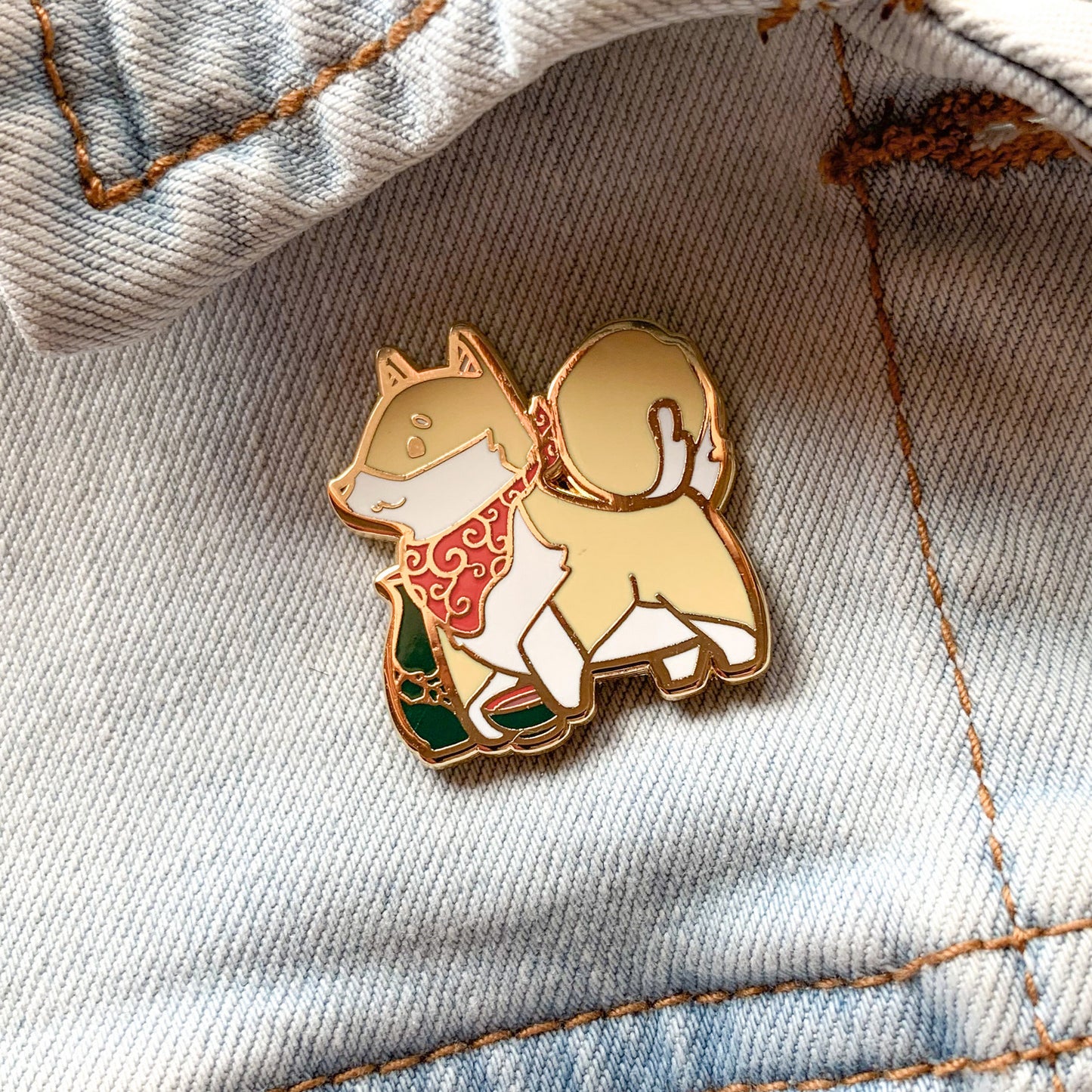 Shiba Inu and Sake Cocktail Hard Enamel Pin by Cocktail Critters on Denim