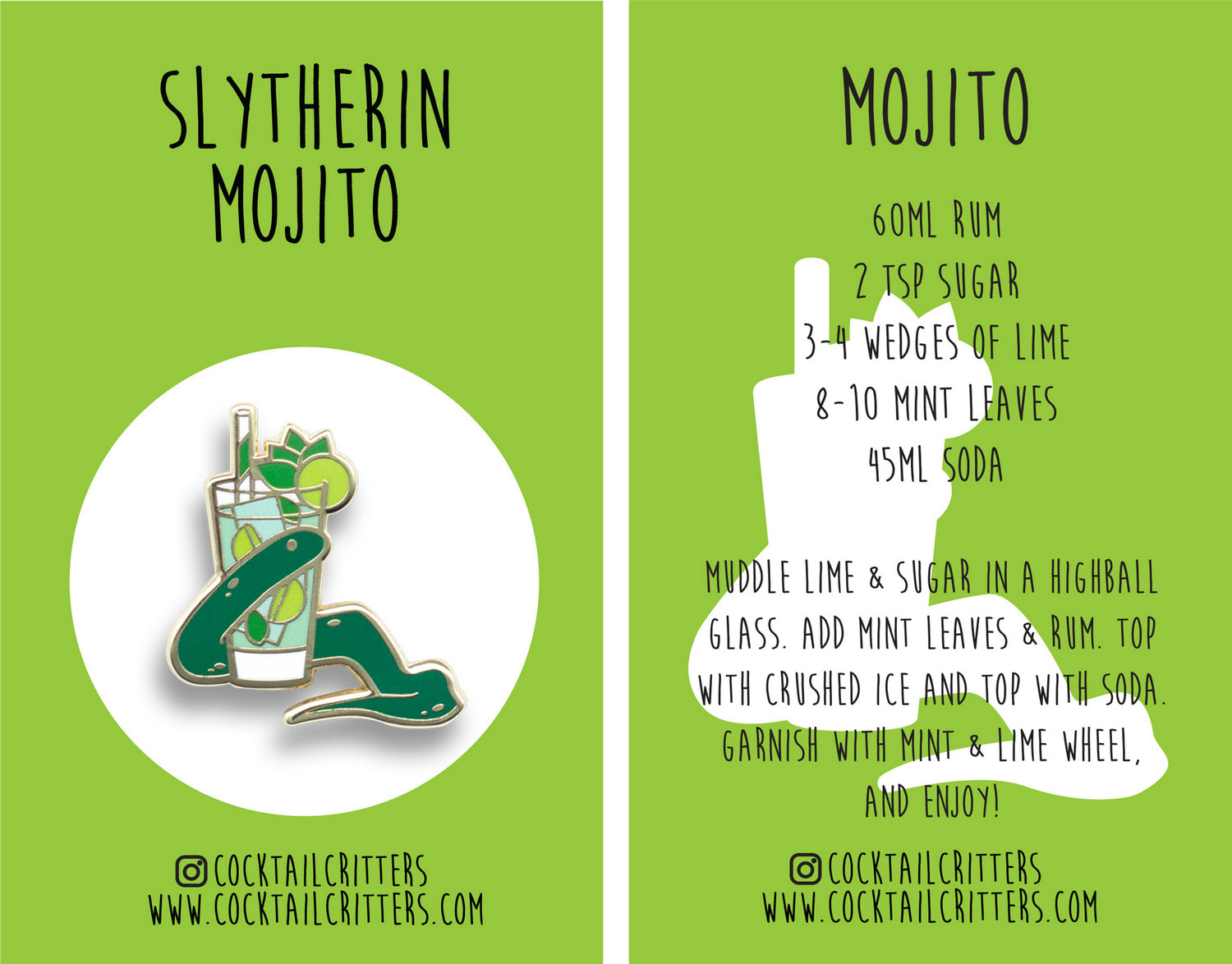 Snake and Mojito Cocktail Hard Enamel Pin by Cocktail Critters