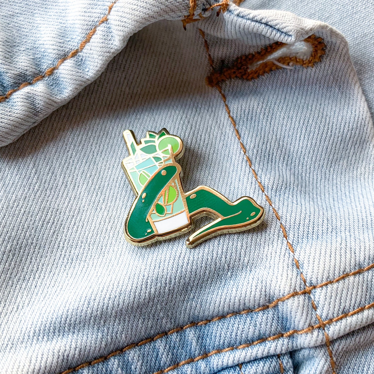 Snake and Mojito Cocktail Hard Enamel Pin by Cocktail Critters on Denim
