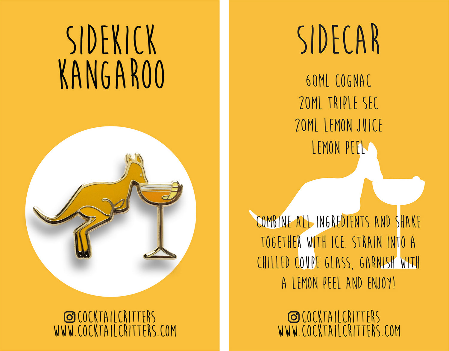 Kangaroo & Sidecar Cocktail Hard Enamel Pin by Cocktail Critters