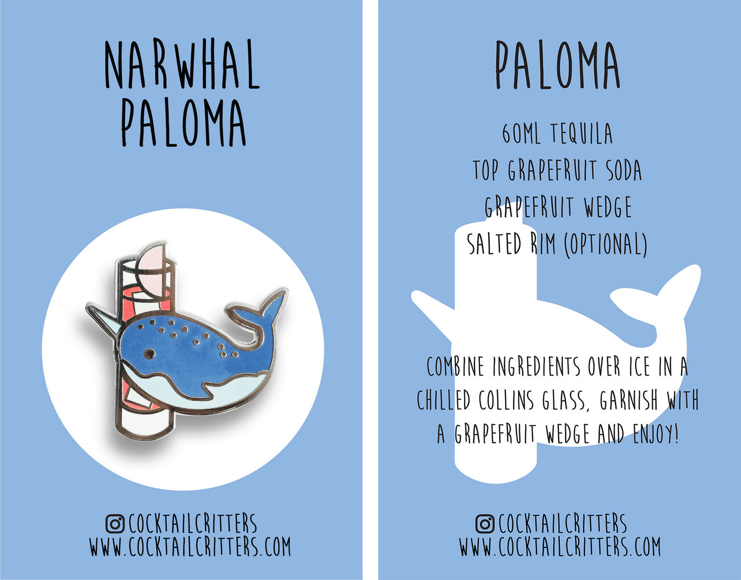 Narwhal & Paloma Cocktail Hard Enamel Pin by Cocktail Critters