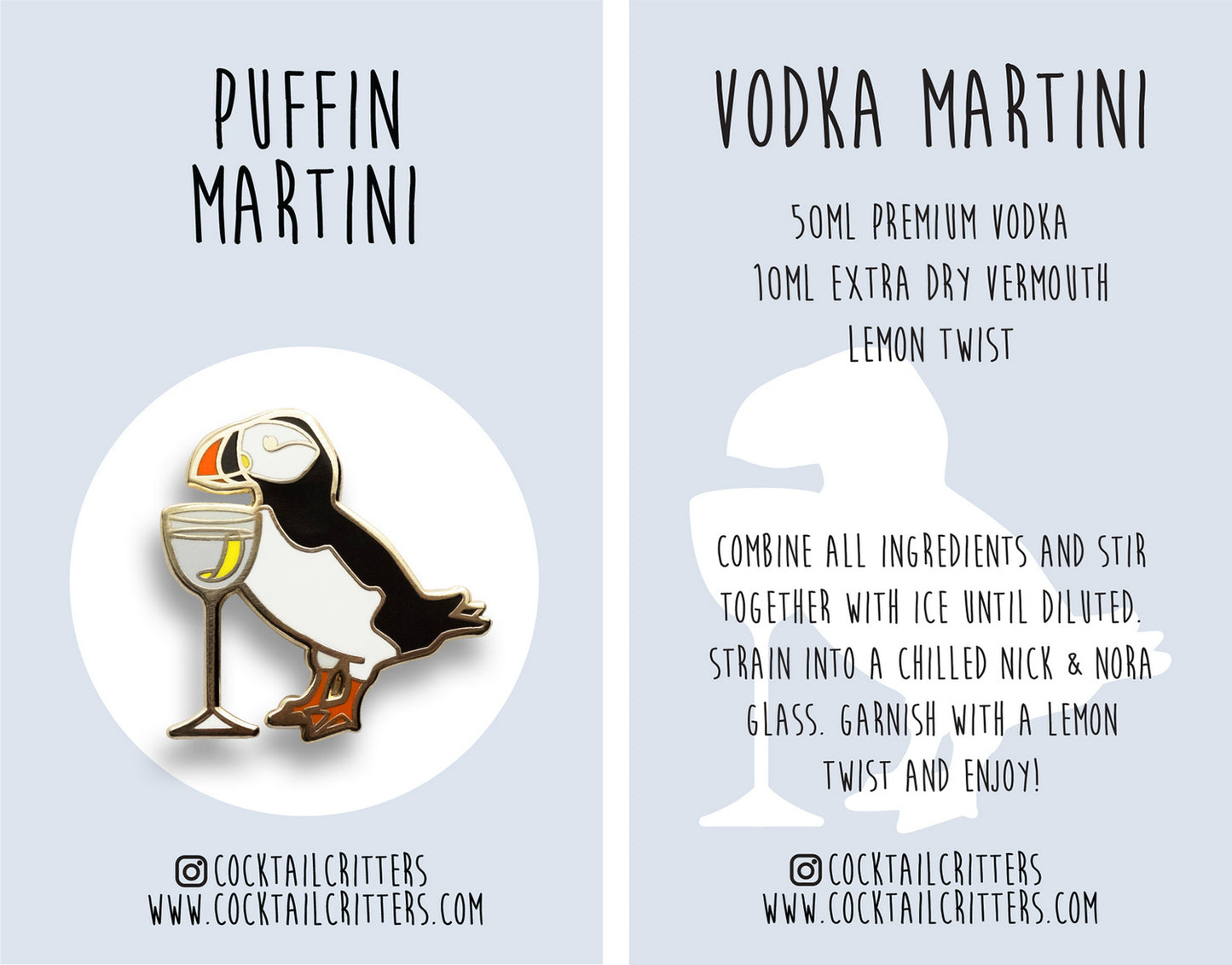 Puffin & Vodka Martini Cocktail Hard Enamel Pin by Cocktail Critters